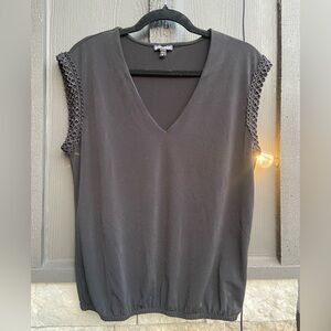 Express Black V-Neck Blouse with Embroidered Sleeve Detail